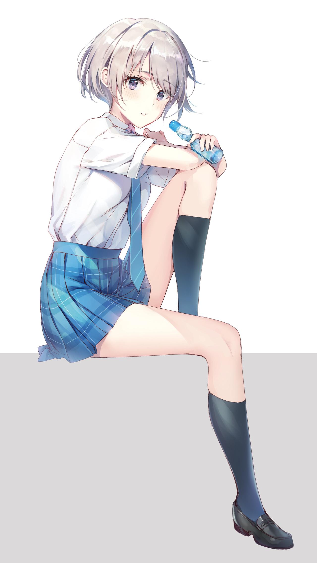 Black Footwear, Black Socks, Blue Skirt