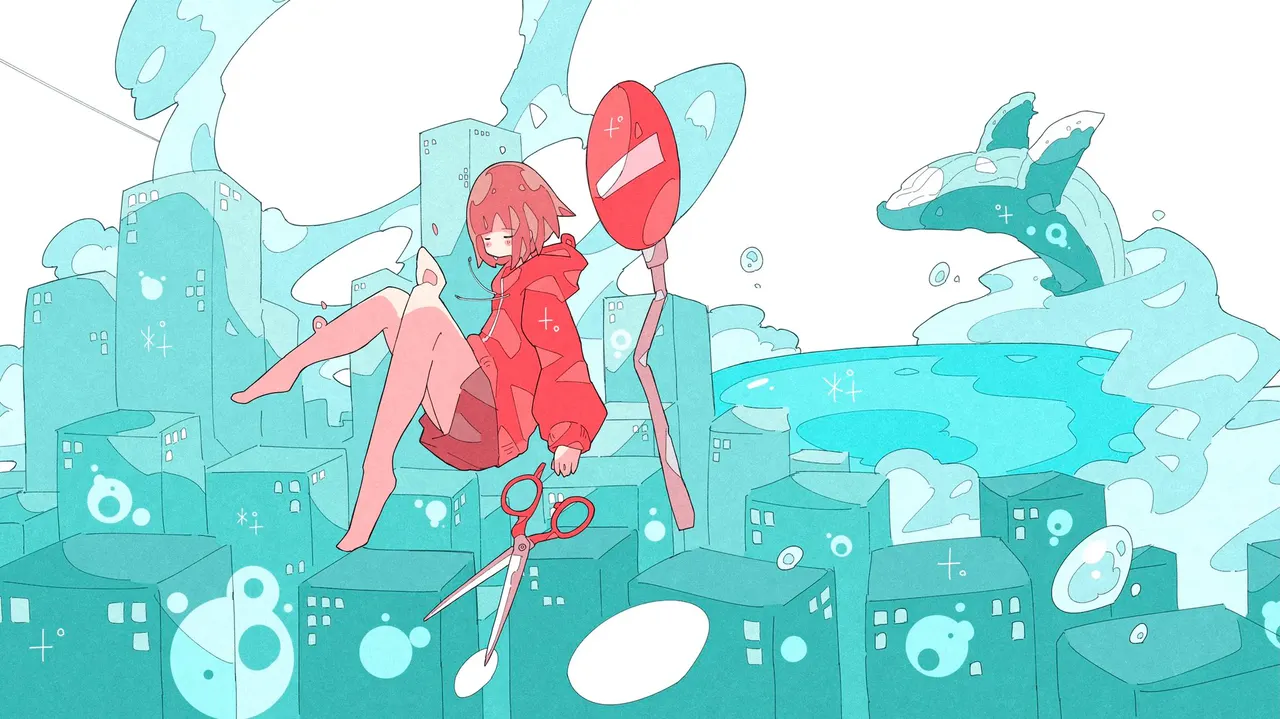 A cartoon of a girl sitting on a city