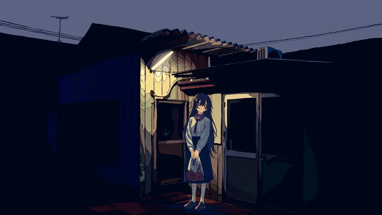 A cartoon of a girl standing in a doorway