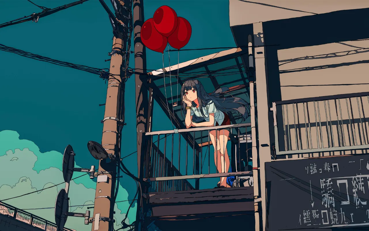 A cartoon of a girl standing on a balcony with red balloons