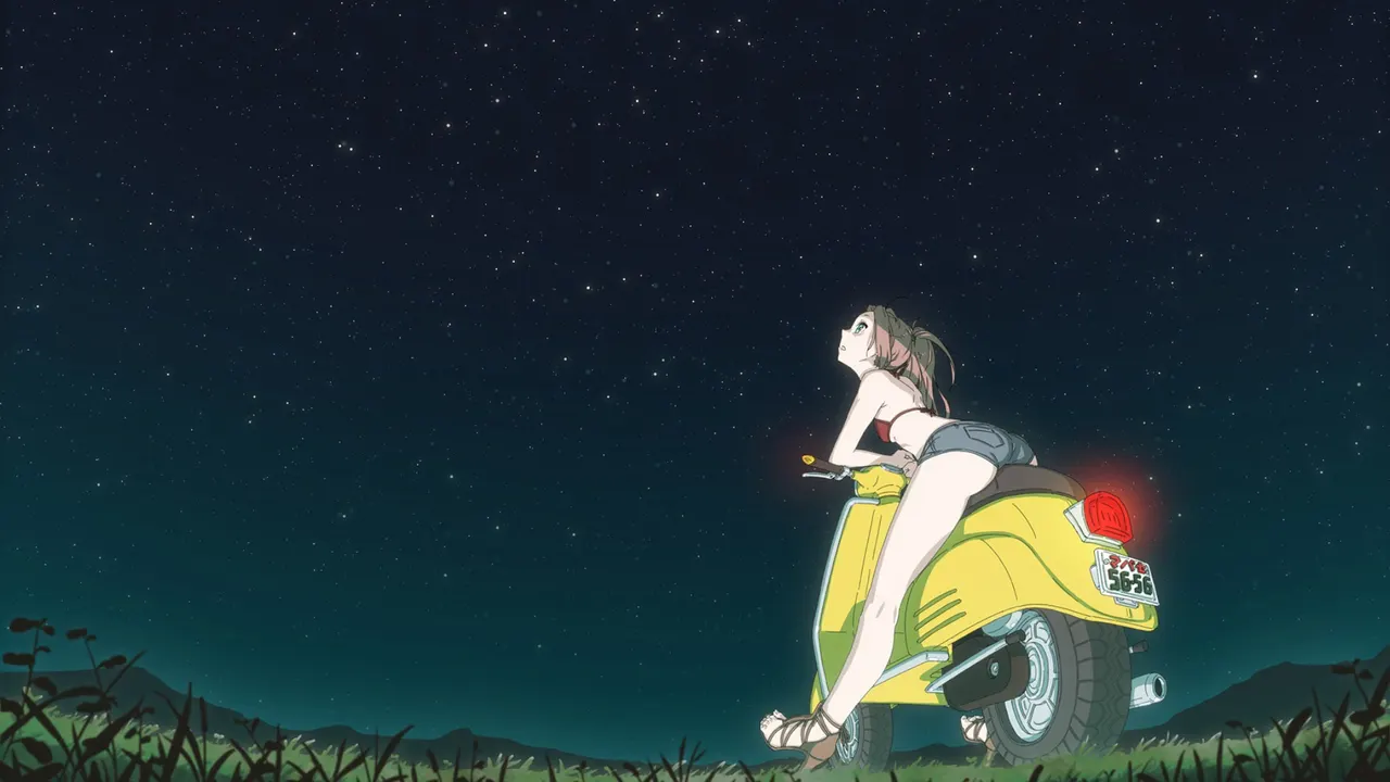 A cartoon of a woman on a yellow scooter