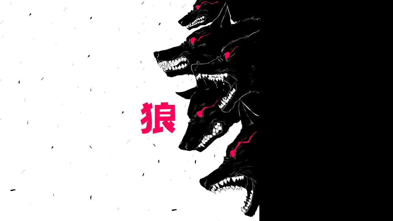 A group of black wolves with red eyes