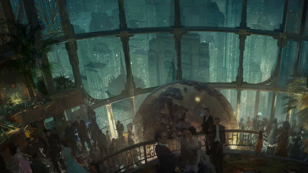 A group of people standing in a room with a large globe