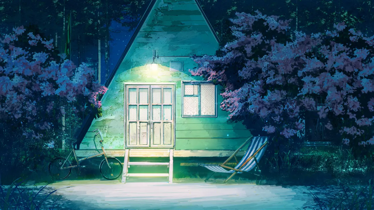 A house with a chair and a bicycle
