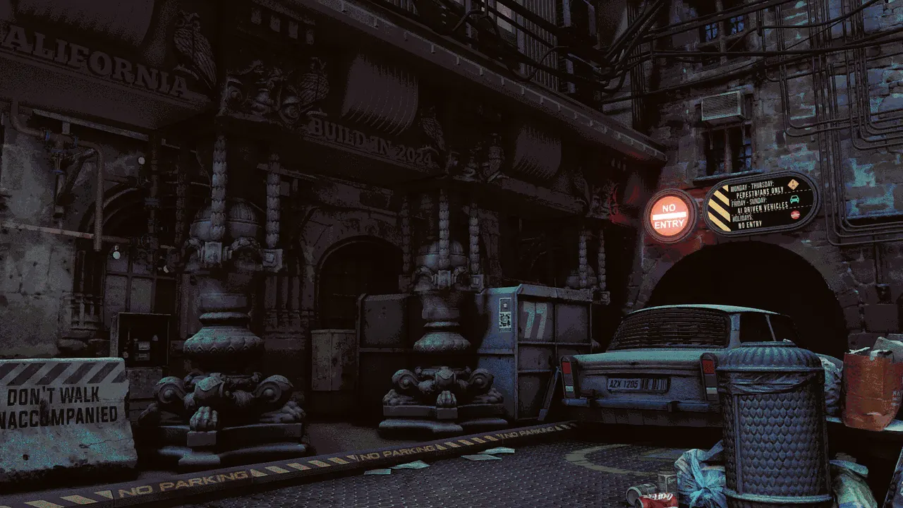 A car parked in a dark alley