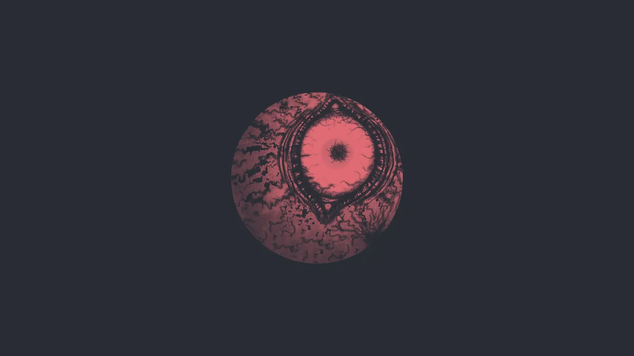 A red and black round object with a black background