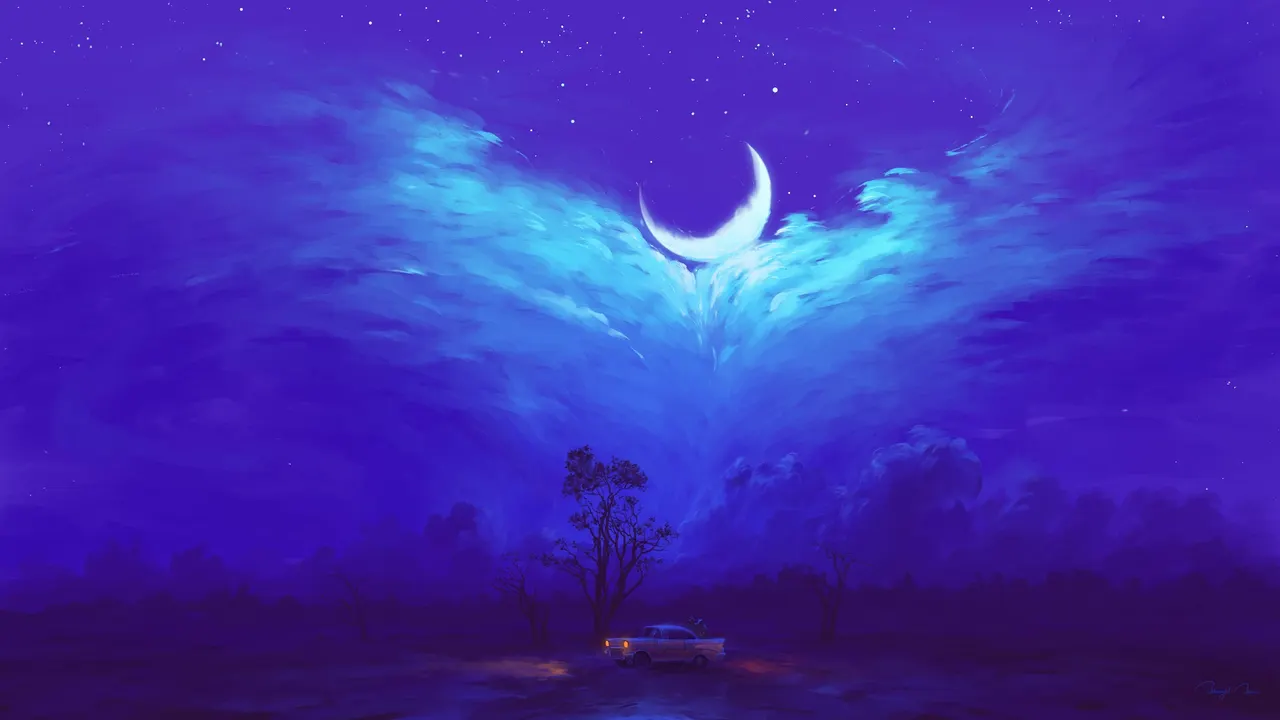 A car parked in a field with trees and a crescent moon in the sky