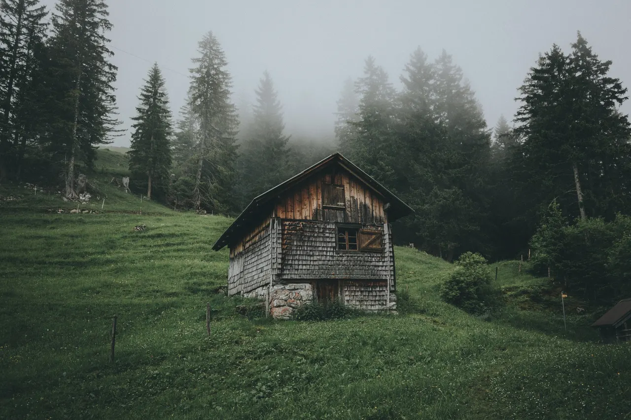 A wooden building on a hill with trees in the background