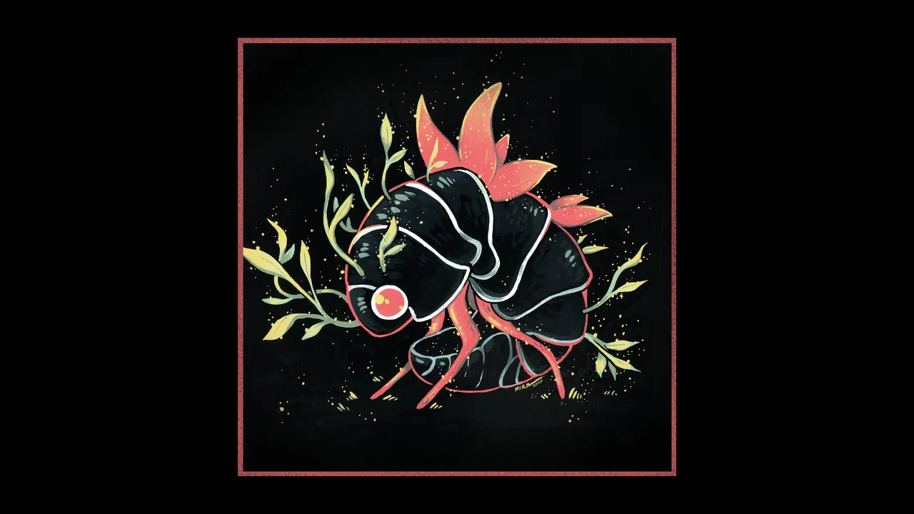 A black and orange drawing of a bug