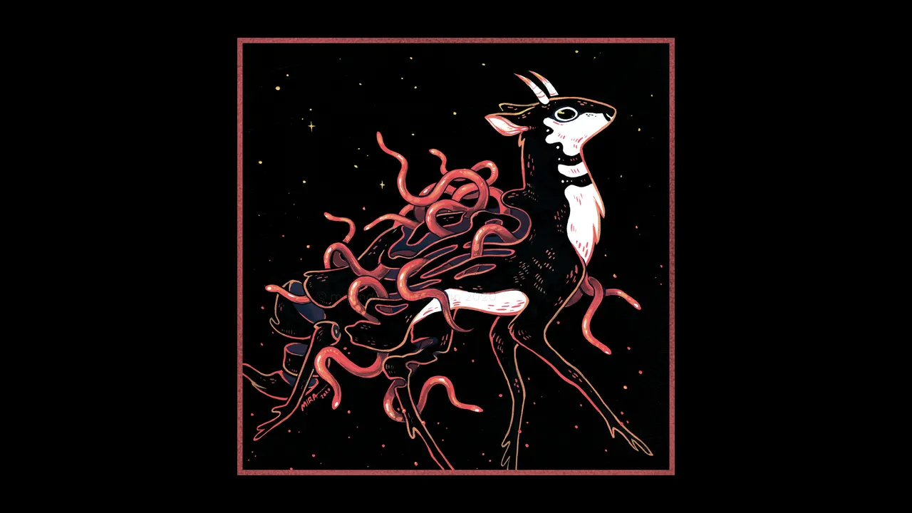 A cartoon of a deer with a bunch of worms