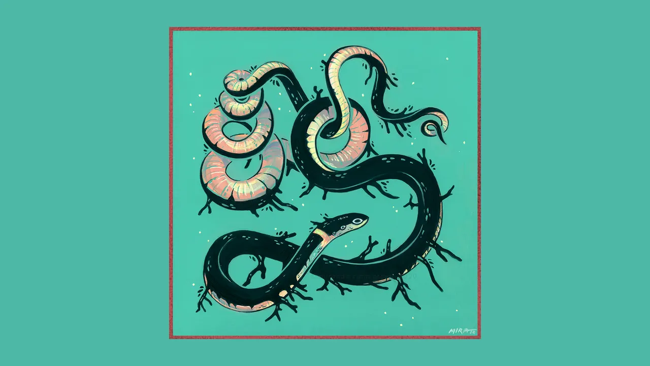 A drawing of snakes on a blue background