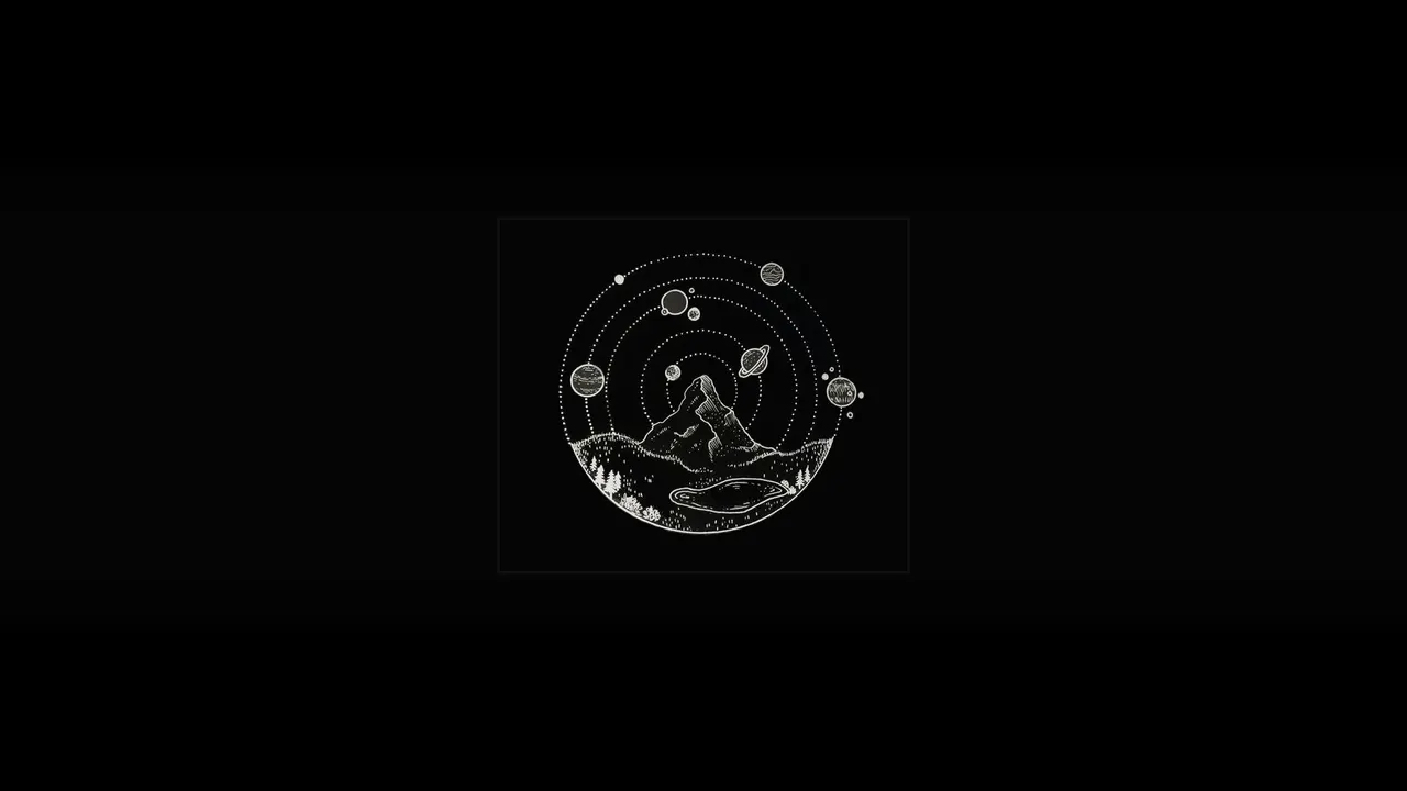 A black background with a white line drawing of a mountain and planets