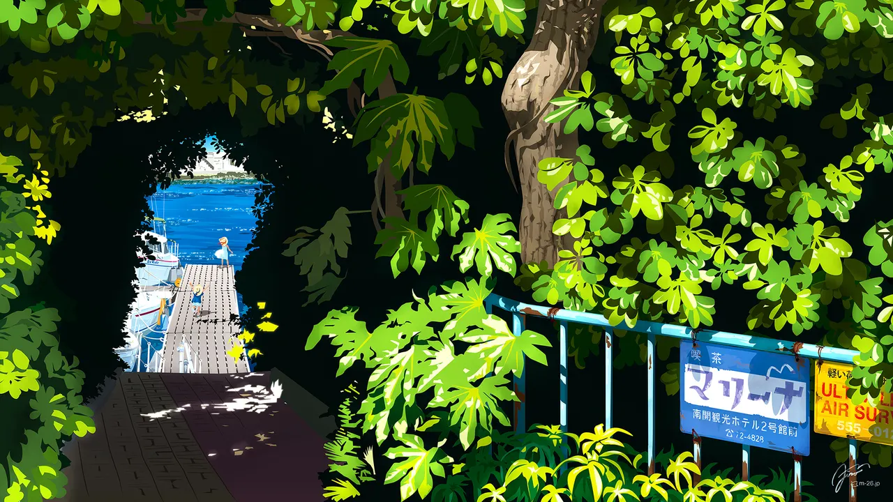 A dock with trees and a blue railing