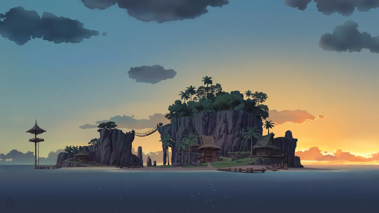 A cartoon of a island with a bridge and trees