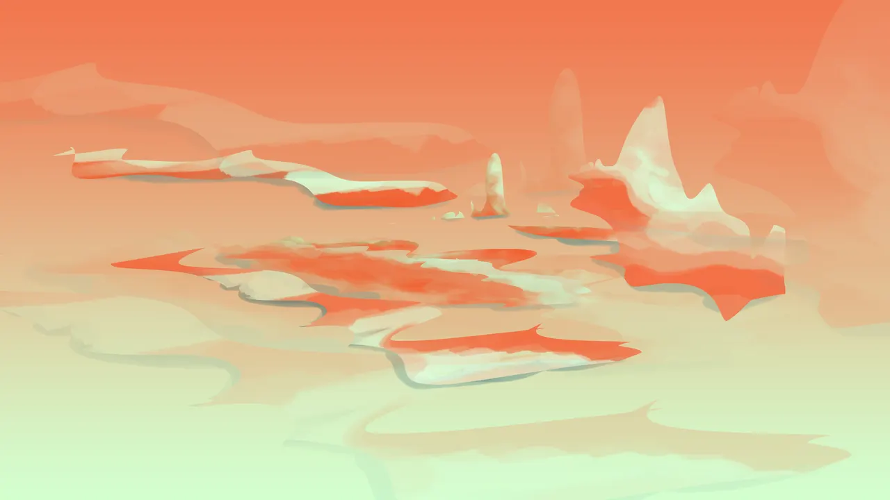 A snow covered land with orange and white colors