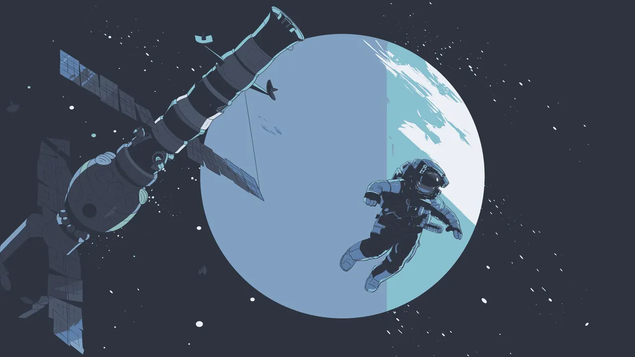 An astronaut in space with a satellite