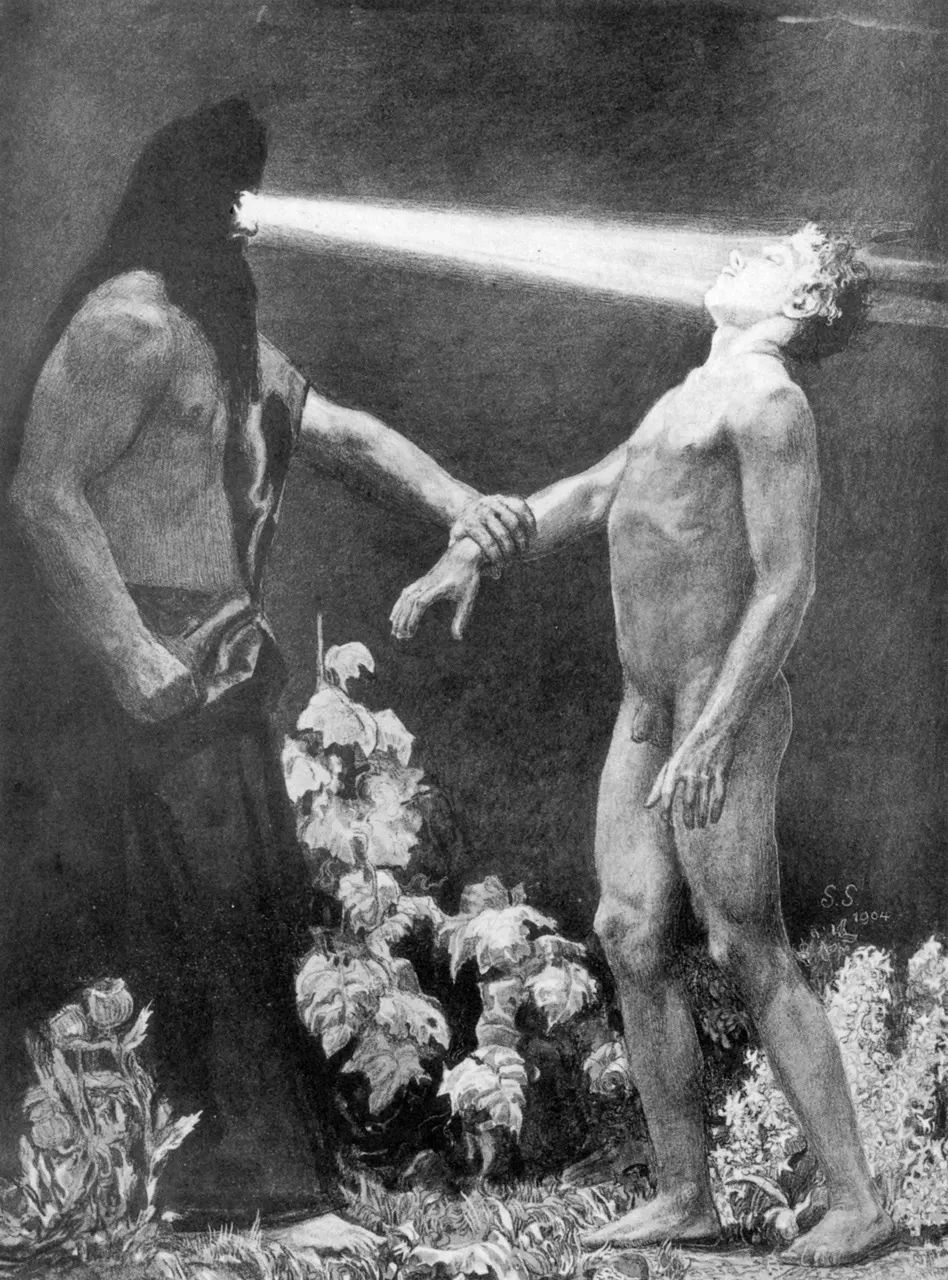 A man with a head light shining from another man's head