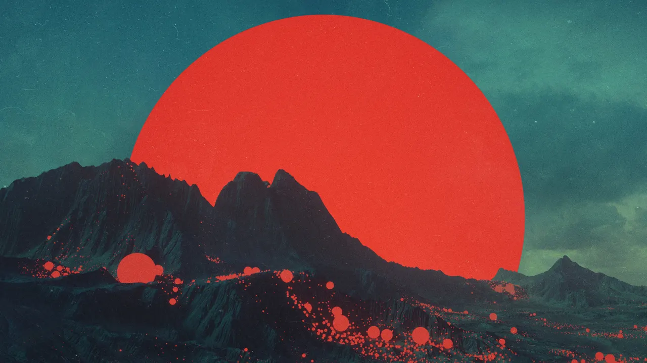 A red sun over mountains