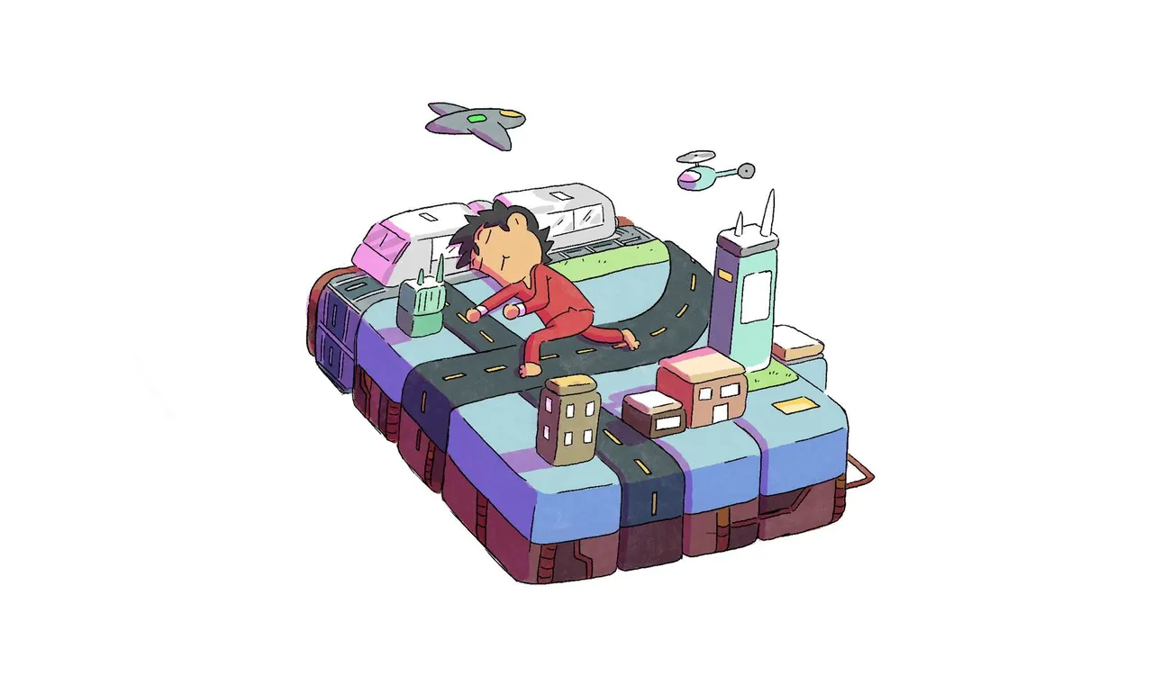 A cartoon of a man sleeping on a road