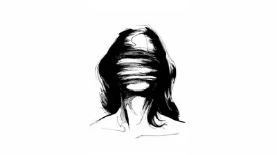 A black and white drawing of a person with a blindfold