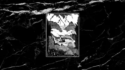 A black and white picture of mountains and trees
