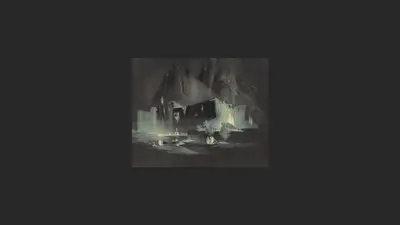 A painting of a building in a dark landscape