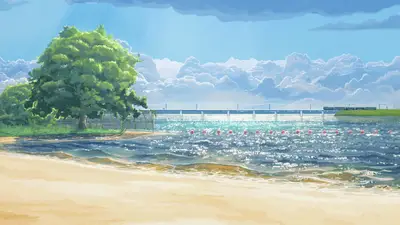 A beach with a bridge and trees