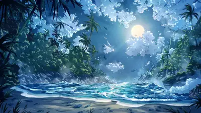 A beach with palm trees and a moon