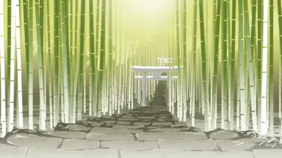 A bench in a bamboo forest