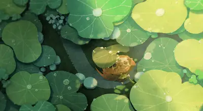A cartoon character in a pond surrounded by leaves
