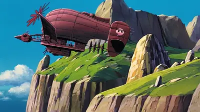 A cartoon of a airship flying over a mountain