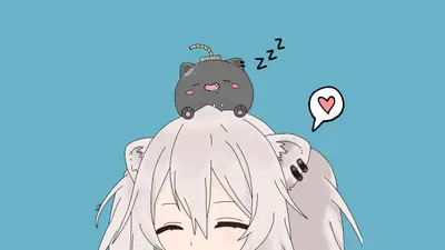A cartoon of a girl with a cat on her head