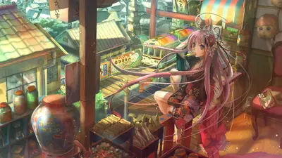 A cartoon of a girl with long pink hair sitting on a balcony
