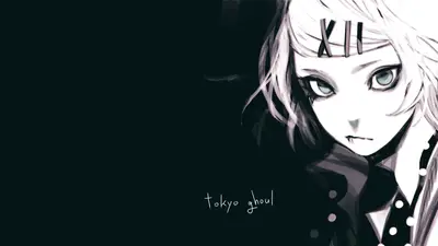 A cartoon of a girl with white hair and black eyes