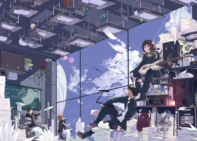 A cartoon of a group of people playing music