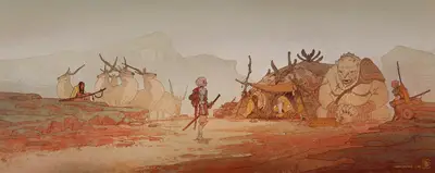 A cartoon of a man standing in a desert
