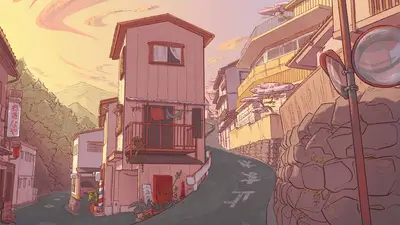 A cartoon of a street with buildings