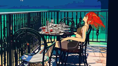 A cartoon of a woman sitting at a table on a deck