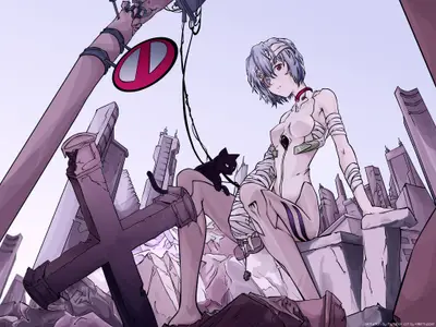 A cartoon of a woman sitting on a building with a cat on a leash
