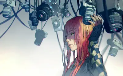 A cartoon of a woman with pink hair and many cameras