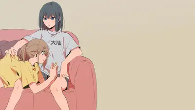 A cartoon of two girls sitting on a chair