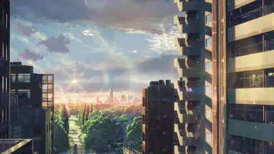 A city landscape with trees and buildings