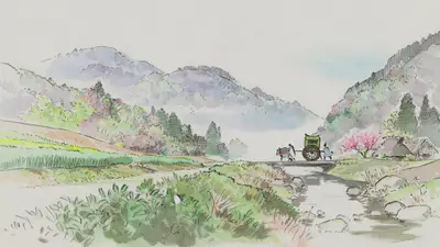 A drawing of a horse carriage on a bridge