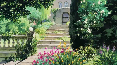 A garden with stairs and flowers