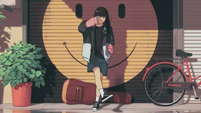 A girl standing in front of a guitar case