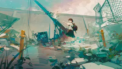 A girl standing on a broken metal pole