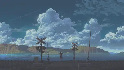 A girl standing on a railroad crossing