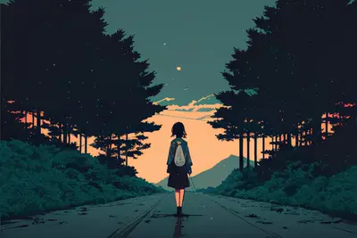 A girl standing on a road with trees and mountains in the background