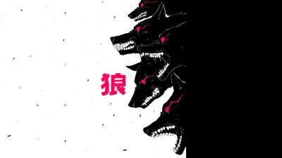 A group of black wolves with red eyes
