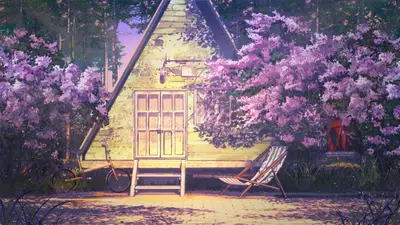 A house with a bike and a chair